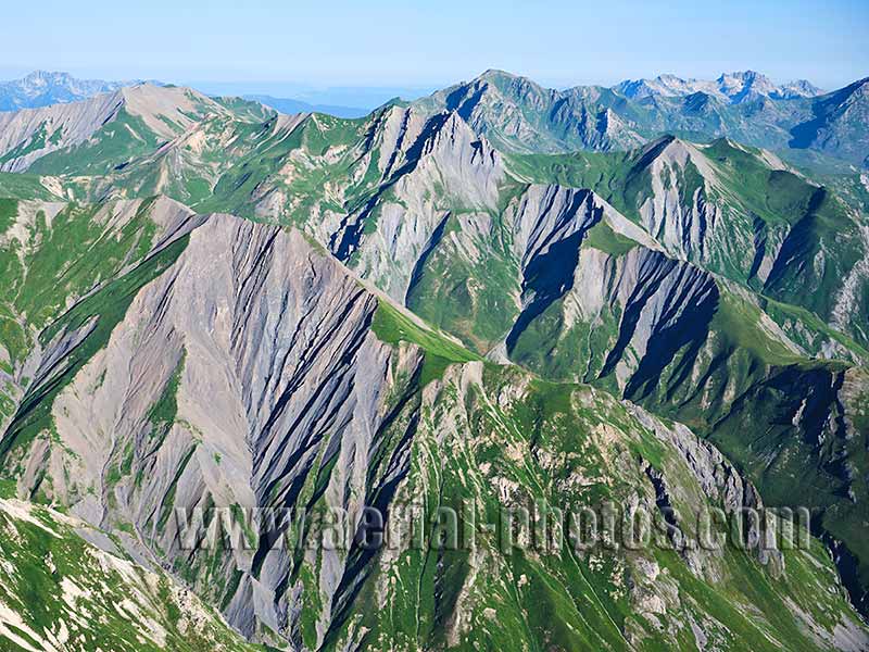 Aerial view. Photo of alpine tundra and ravines in les Belleville, Savoie, Auvergne-Rhône-Alpes, France. Vue aérienne.