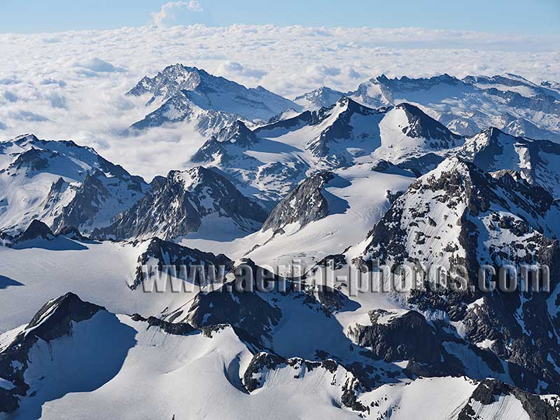 Aerial view. Photo of mountains in Maurienne, Auvergne-Rhône-Alpes, France. Vue aérienne.