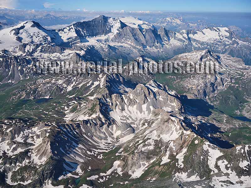 Aerial view. Photo of the Vanoise Massif, Savoie, Auvergne-Rhône-Alpes, France. Vue aérienne.