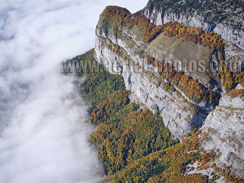 Aerial view. Photo of a limestone cliff near Lake Annecy, Haute-Savoie, Auvergne-Rhône-Alpes, France. Vue aérienne.