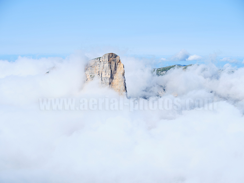 Aerial view. Photo of Mont Aiguille, Vercors Mountain, Isère, Auvergne-Rhône-Alpes, France. Vue aérienne, Montagne du Vercors.