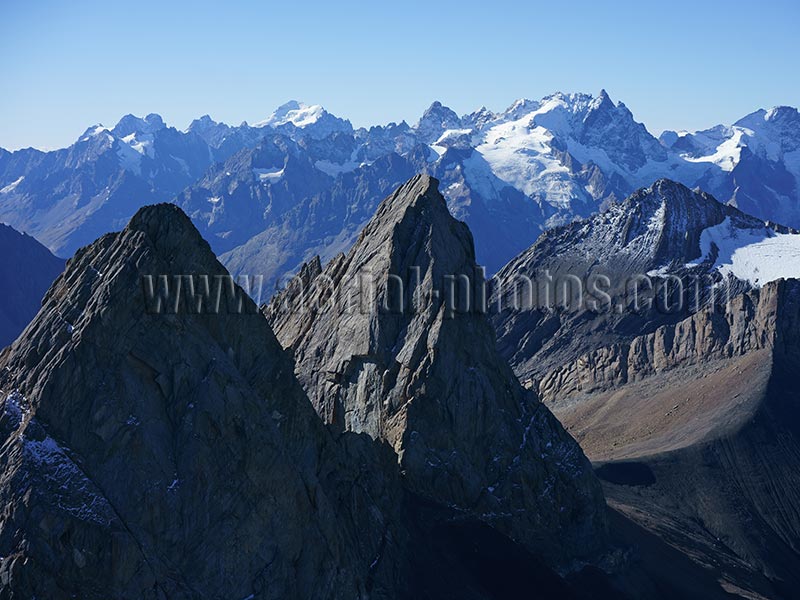 Aerial view. Photo of les Aiguilles d'Arves in Saint-Jean d'Arves, Savoie, Auvergne-Rhône-Alpes, France. Vue aérienne.