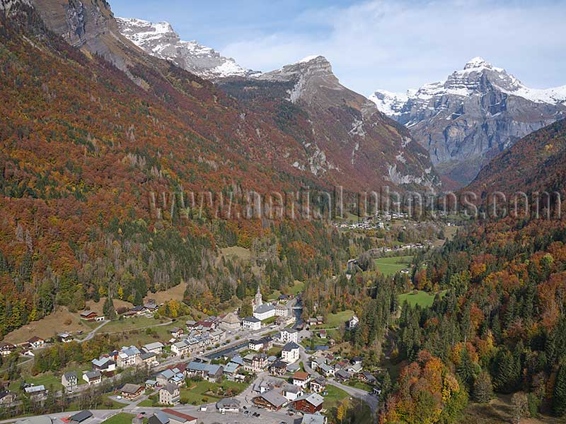 Aerial view. Photo of Sixt-Fer-a-Cheval in the Giffre Valley, Haute-Savoie, Auvergne-Rhône-Alpes, France. Vue aérienne.