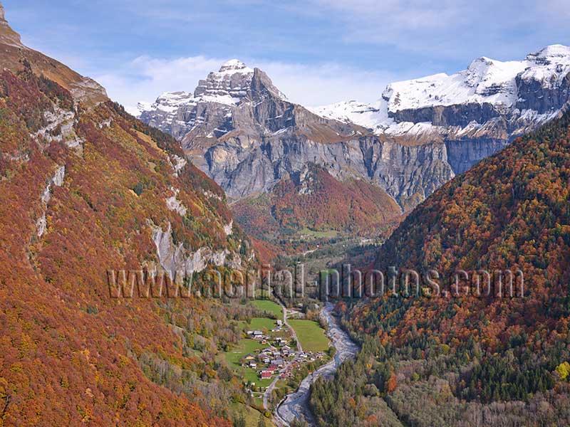 Aerial view. Photo of the Giffre Valley, Haute-Savoie, Auvergne-Rhône-Alpes, France. Vue aérienne.