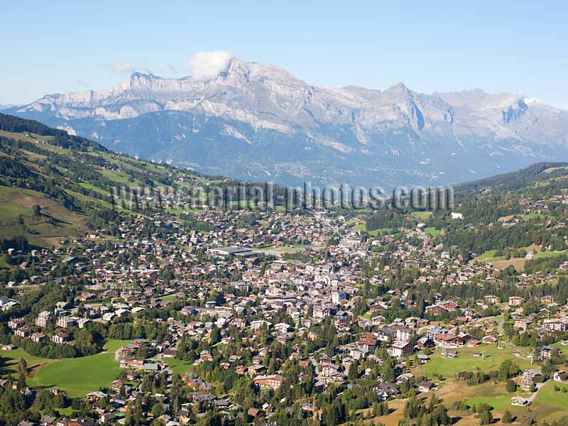 Aerial view. Photo of Megève, Haute-Savoie, Auvergne-Rhône-Alpes, France. Vue aérienne.
