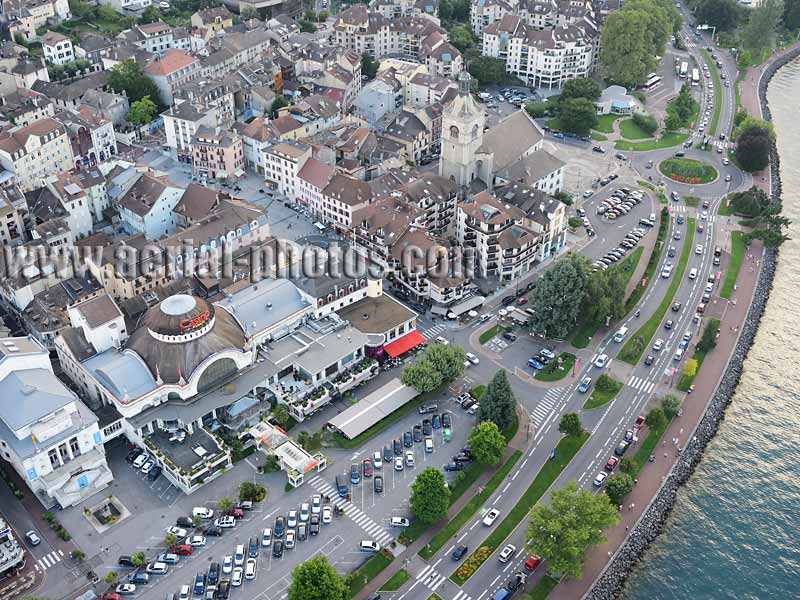 Aerial view. Photo of the casino of Évian-les-Bains, Lake Geneva, Haute-Savoie, Auvergne-Rhône-Alpes, France. Vue aérienne, Lac Léman.