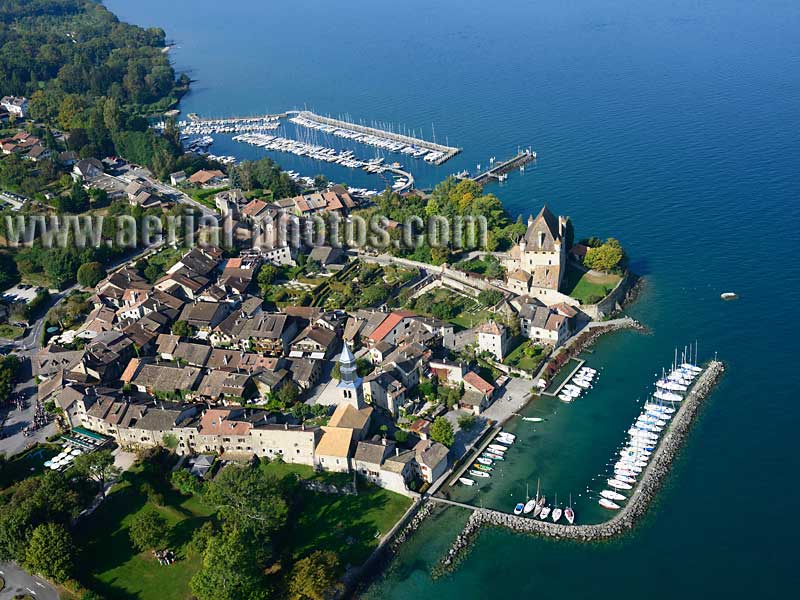 Aerial view. Photo of Yvoire, Lake Geneva, Haute-Savoie, Auvergne-Rhône-Alpes, France. Vue aérienne, Lac Léman.