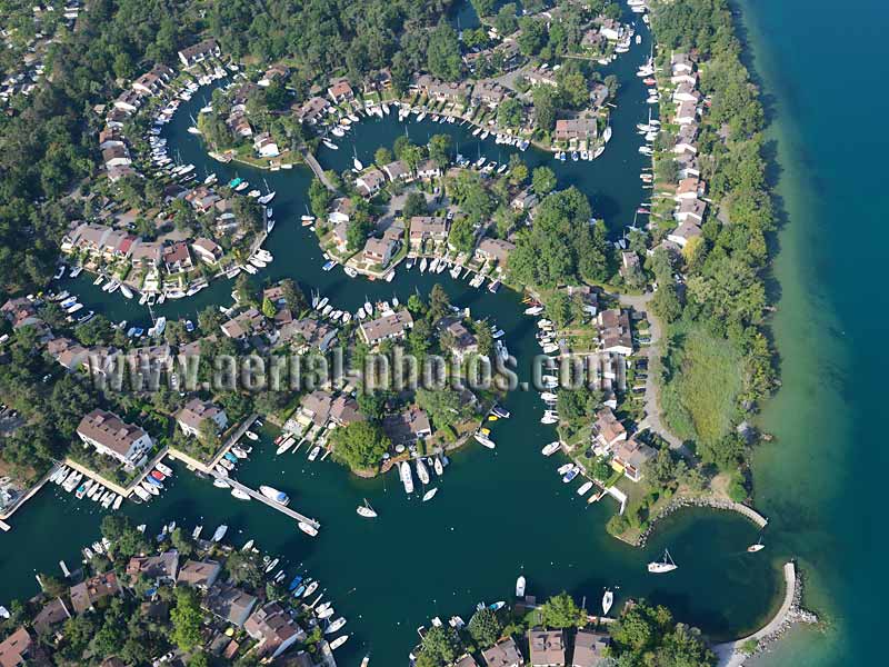 Aerial view. Photo of Port Ripaille, Thonon-les-Bains, Lake Geneva, Haute-Savoie, Auvergne-Rhône-Alpes, France. Vue aérienne, Lac Léman.