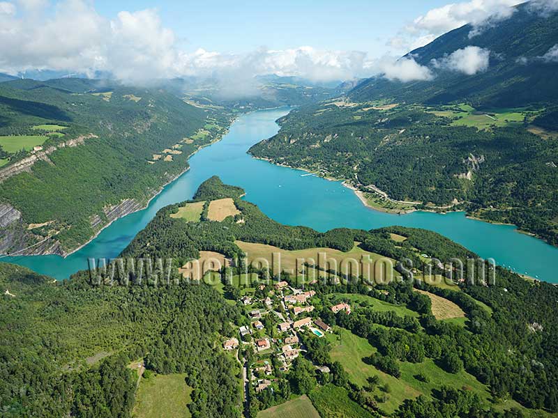 Aerial view. Photo of Lake Monteynard. Isère, Auvergne-Rhône-Alpes, France. Vue aérienne.