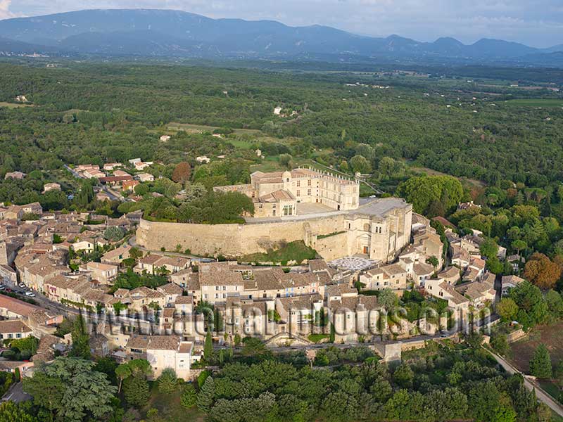 Aerial view. Photo of Grignan Castle, Drôme, Auvergne-Rhône-Alpes, France. Vue aérienne.