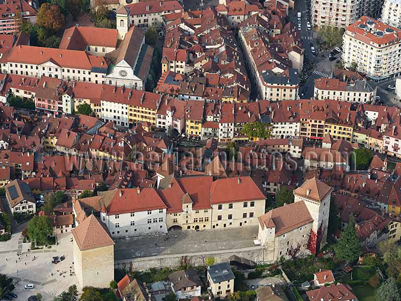 Aerial view. Photo of a medieval castle in Annecy, Haute-Savoie, Auvergne-Rhône-Alpes, France. Vue aérienne.