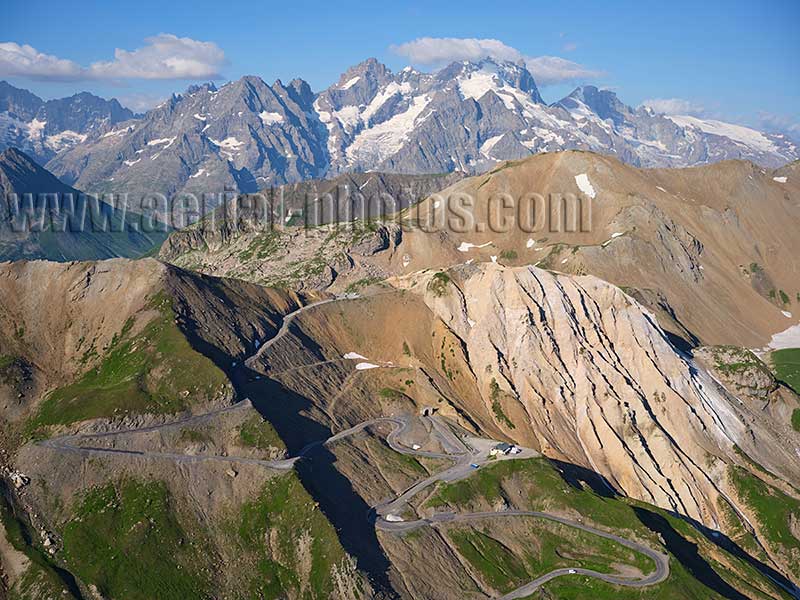 Aerial photo of Col du Galibier and La Meije, Savoie, Auvergne-Rhône-Alpes, France. Vue aérienne.