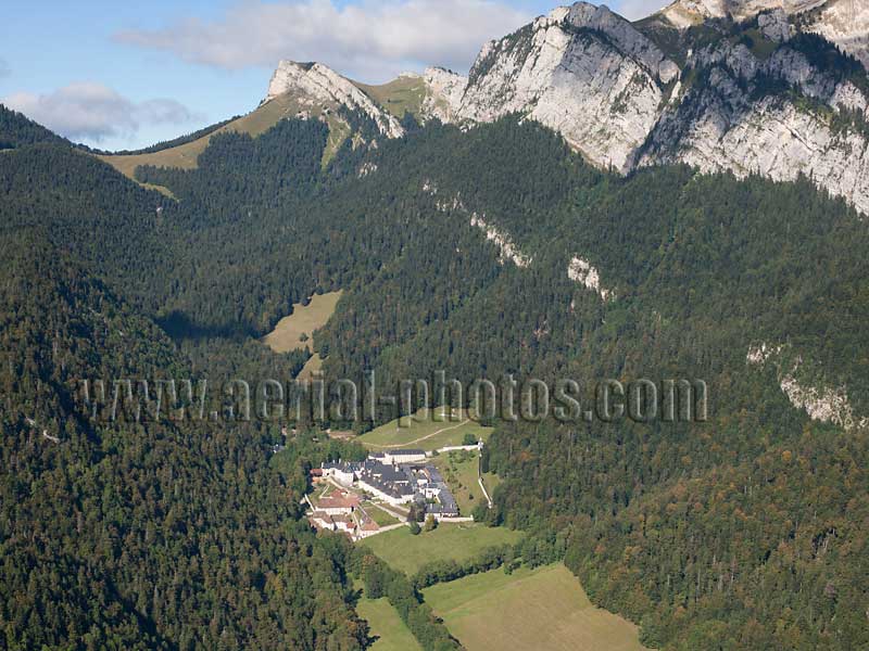 Aerial view. Photo of the Grande Chartreuse Monastery, Isère, Auvergne-Rhône-Alpes, France. Vue aérienne, Monastère de la Grande Chartreuse.