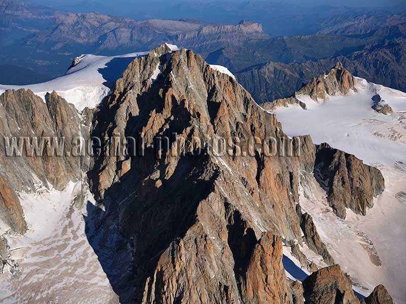 Aerial photo of Mont Blanc du Tacul, Chamonix, Haute-Savoie, Auvergne-Rhône-Alpes, France. Vue aérienne.
