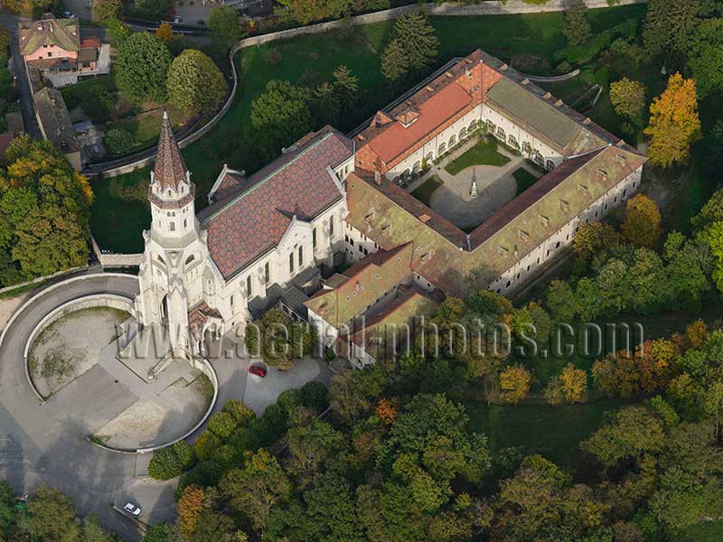 Aerial view. Photo of a basilica in Annecy, Haute-Savoie, Auvergne-Rhône-Alpes, France. Vue aérienne.