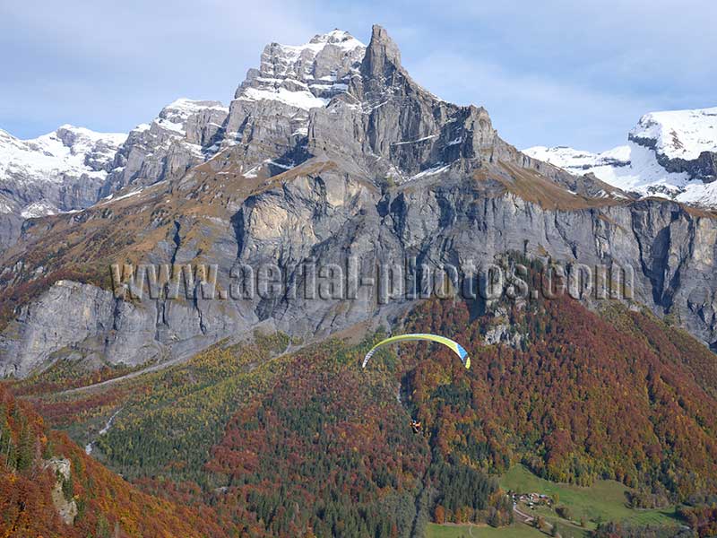 Aerial view. Photo of a paraglider, sixt-fer-a-cheval, Haute-Savoie, Auvergne-Rhône-Alpes, France. Vue aérienne parapente.