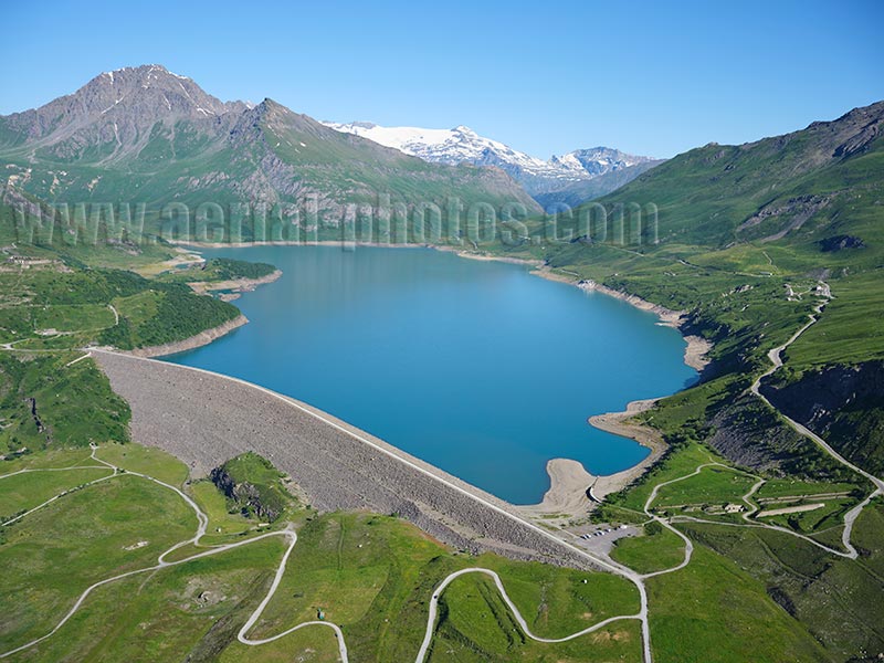 Aerial photo of Lake Mont-Cenis, Savoie, Auvergne-Rhône-Alpes, France. Vue aérienne.