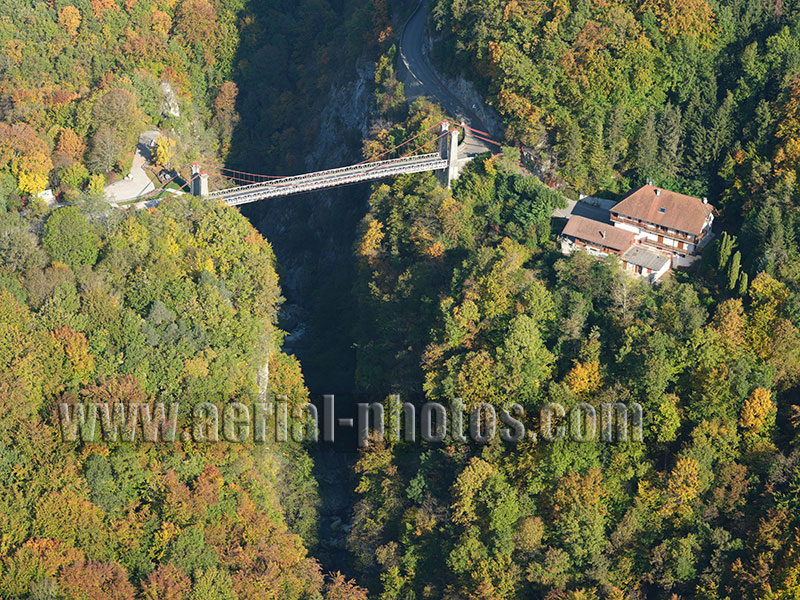 Aerial view. Photo of a bridge in Haute-Savoie, Auvergne-Rhône-Alpes, France. Vue aérienne.