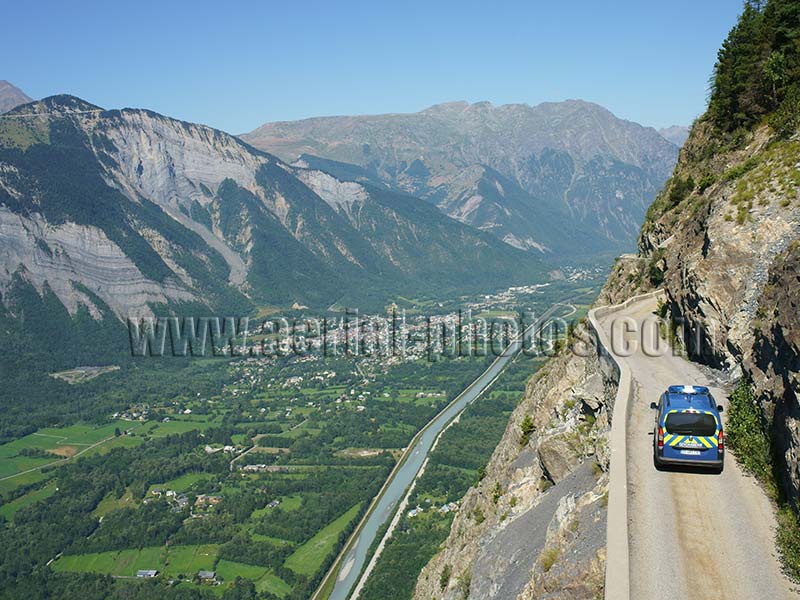 Aerial view. Photo of Auris road, Le Bourg d Oisans, Isère, Auvergne-Rhône-Alpes, France. Vue aérienne, route de Auris.