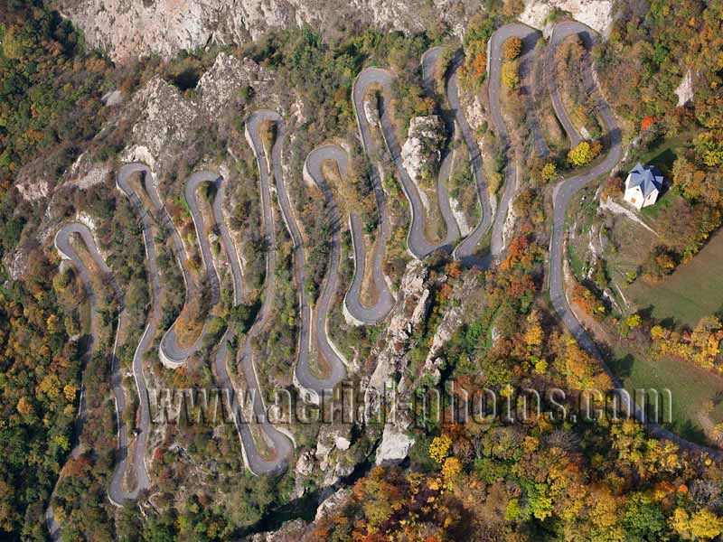 Aerial view. Photo of Montvernier Switchback, Savoie, Auivergne-Rhône-Alpes, France. Vue aérienne.