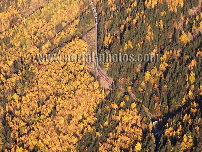 Aerial view. Photo of the Montenvers Cog Train, Chamonix Mont-Blanc, Haute-Savoie, Auvergne-Rhône-Alpes, France. Vue aérienne, Train à Crémaillère de Montenvers.