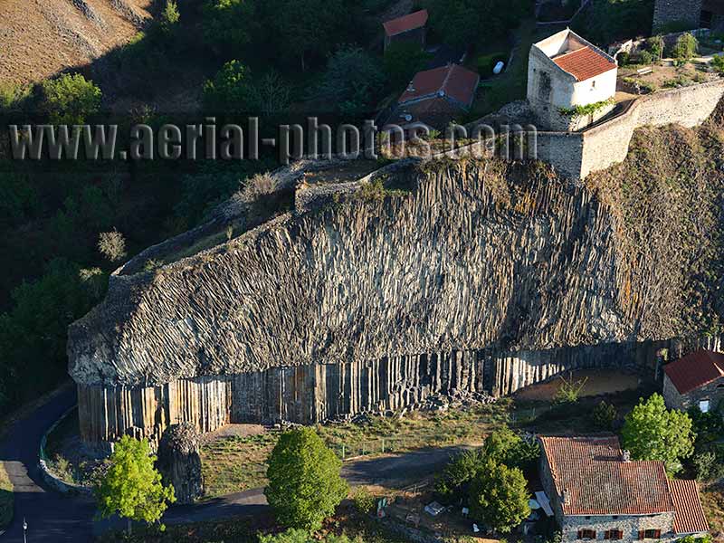 Aerial photo of basaltic columns, Chilhac, Haute-Loire, Auvergne-Rhône-Alpes, France. Vue aérienne.