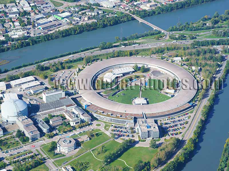 Aerial view. Photo of the Synchrotron in Grenoble, Isère, Auvergne-Rhône-Alpes, France. Vue aérienne.