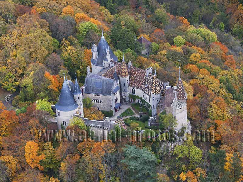 AERIAL VIEW photo of La Rochepot Castle, Burgundy, France. VUE AERIENNE, Chateau de La Rochepot, Bourgogne-Franche-Comté.
