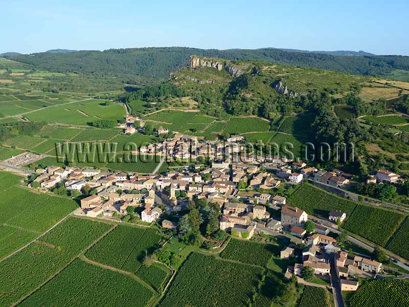 AERIAL VIEW photo of La Roche de Solutré, Saone-et-Loire, Burgundy, France. VUE AERIENNE Bourgogne-Franche-Comté.