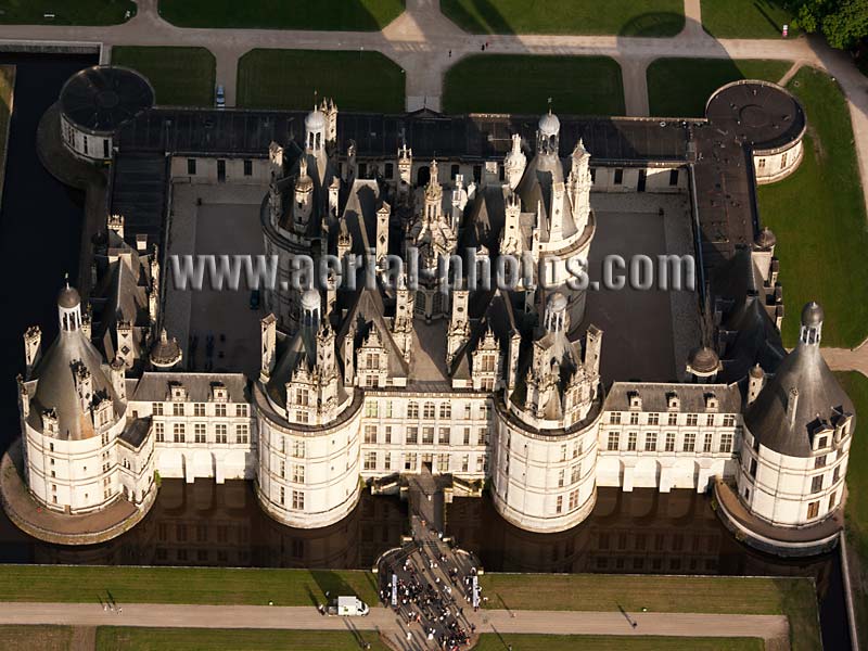AERIAL VIEW photo of Chambord Castle, Loire Valley, Centre, France. VUE AERIENNE, Château de Chambord, Val de Loire.