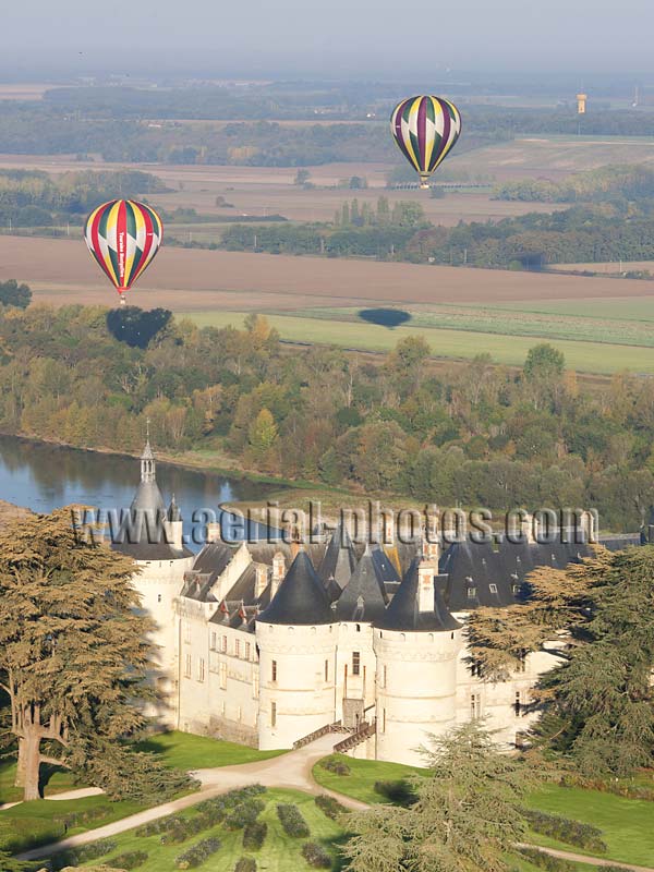 AERIAL VIEW photo of Chaumont-sur-Loire Castle, Hot Air Balloon, Loire Valley, Centre, France. VUE AERIENNE, Château de Chaumont-sur-Loire, Montgolfière, Val de Loire.