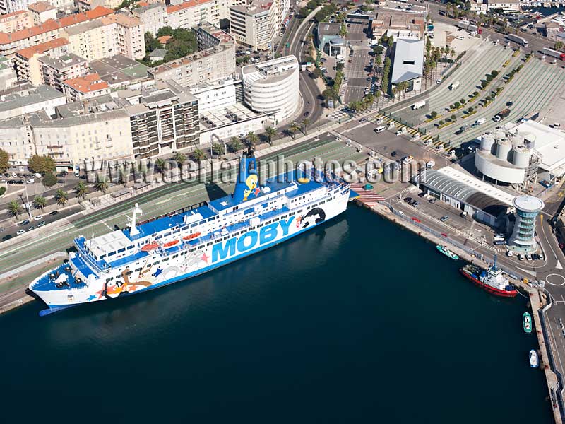 AERIAL VIEW photo of a car ferry, Saint-Nicolas Port, Bastia, Corsica, France. VUE AERIENNE port de Saint-Nicolas, Corse.