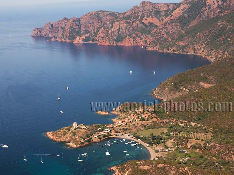 AERIAL VIEW photo of the Girolata Gulf and Scandola Nature Reserve, Corsica, France. VUE AERIENNE Golfe de Girolata et Réserve Naturelle de Scandola, Corse.