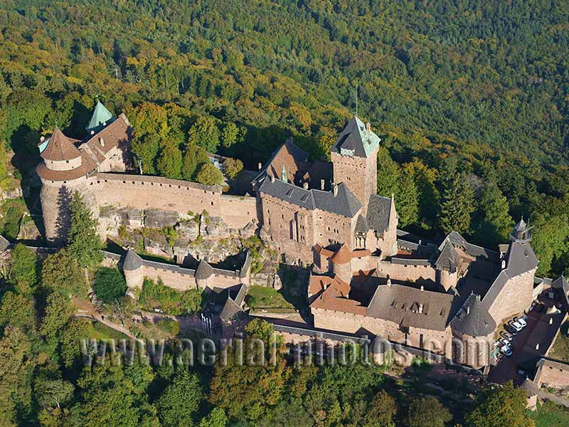 Aerial photo of the Haut-Koenigsbourg Castle, Bas-Rhin, Alsace, Grand Est, France. Vue aérienne.