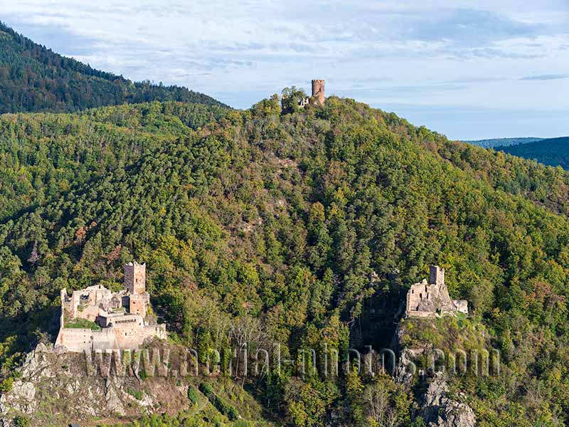 Aerial photo of the three castles of Ribeauvillé, Alsace, Grand Est, France. Vue aérienne.