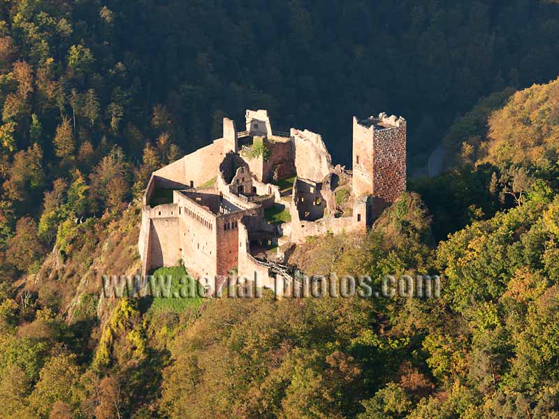 Aerial photo of Saint-Ulrich Castle, Ribeauvillé, Alsace, Grand Est, France. Vue aérienne.