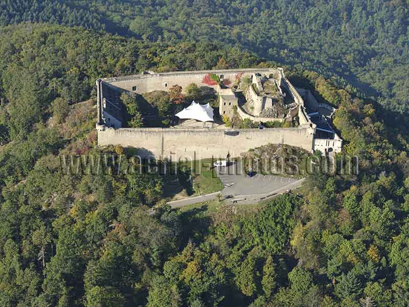 Aerial photo of Hohlandsbourg Castle, Alsace, Grand Est, France. Vue aérienne.