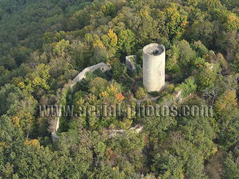 Vertical aerial photo of Plixbourg Castle, Wintzenheim, Alsace, Grand Est, France. Vue aérienne.