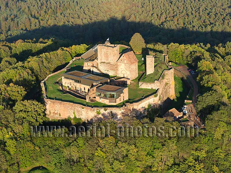 Aerial photo of Lichtenberg Castle, Alsace, Grand Est, France. Vue aérienne.