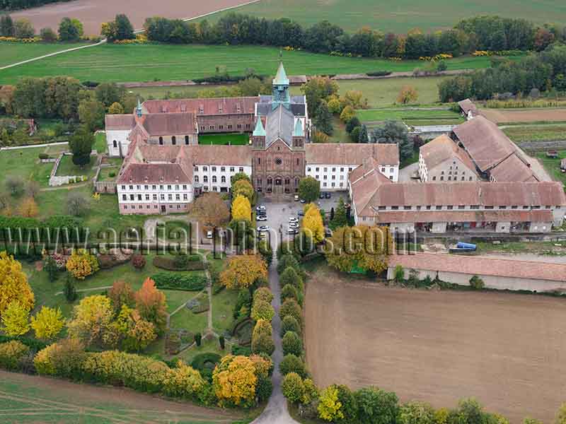 Aerial photo of Oelenberg Abbey in Reiningue, Haut-Rhin, Alsace, Grand Est, France. Vue aérienne