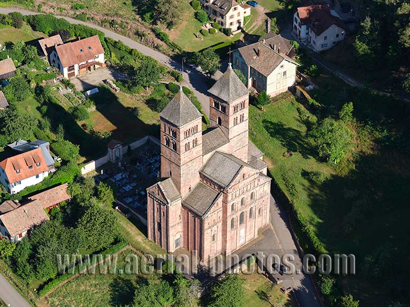 Aerial photo of Murbach Abbey in Haut-Rhin, Alsace, Grand Est, France. Vue aérienne.