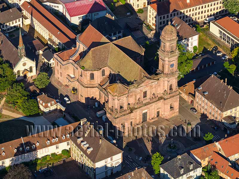 Aerial photo of Guebwiller Church in Haut-Rhin, Alsace, Grand Est, France. Vue aérienne.