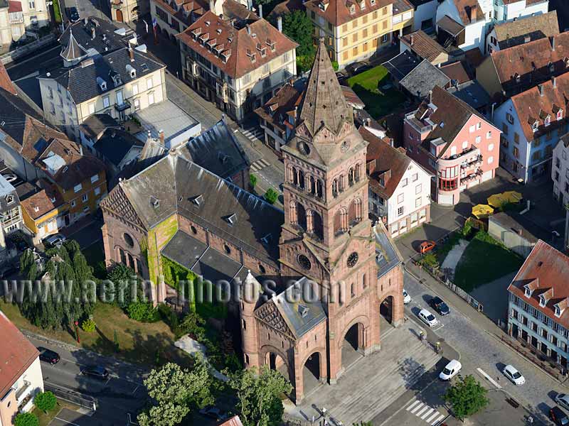 Aerial photo of Protestant Church in Munster, Alsace, Grand Est, France. Vue aérienne.