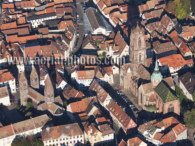 Aerial photo of churches in Sélestat, Bas-Rhin, Alsace, Grand Est, France. Vue aérienne.