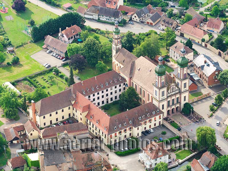 Aerial photo of Ebersmunster Abbey in Alsace, Grand Est, France. Vue aérienne.