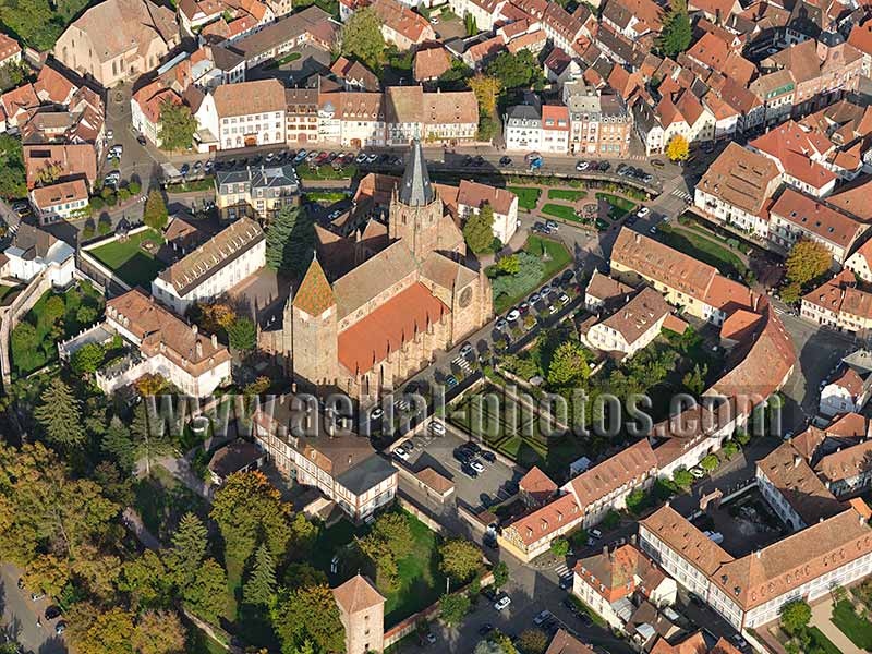 Aerial photo of Wissembourg Abbey in Bas-Rhin, Alsace, Grand Est, France. Vue aérienne.