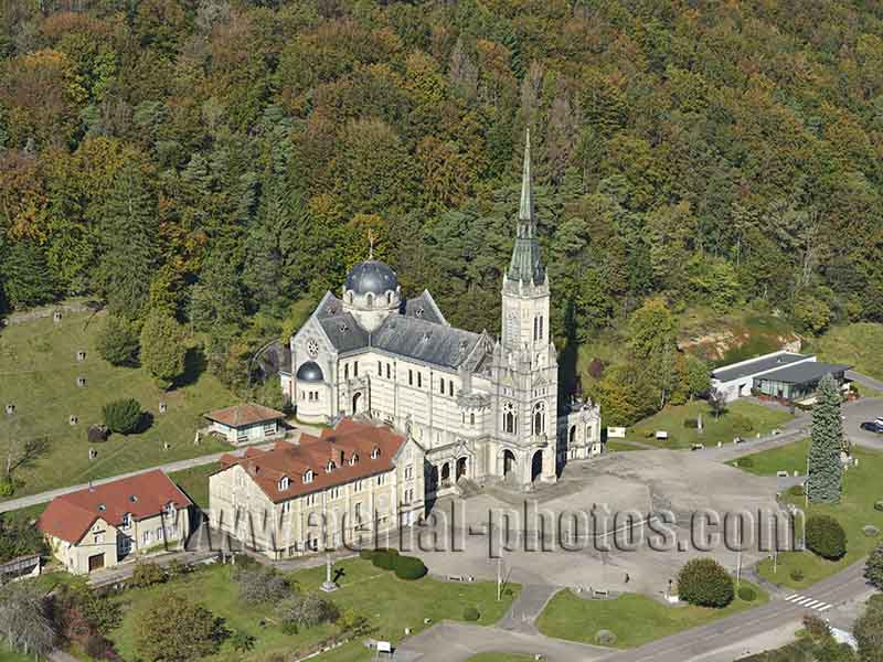 Aerial photo of Bois-Chenu Basilica in Domrémy-la-Pucelle, Vosges, Grand Est, France. Vue aérienne.