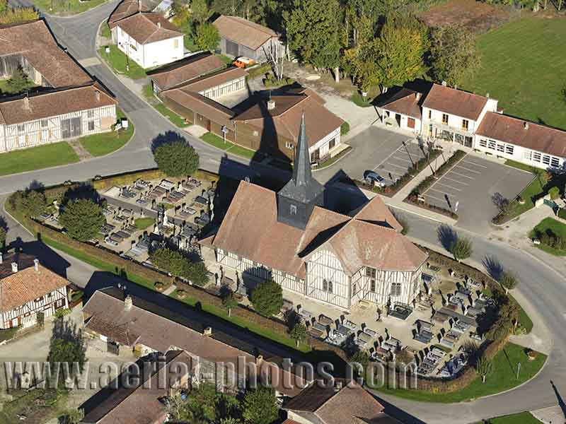 Aerial photo of a half-timbered church in Outines, Marne, Champagne-Ardenne, Grand Est, France. Vue aérienne.