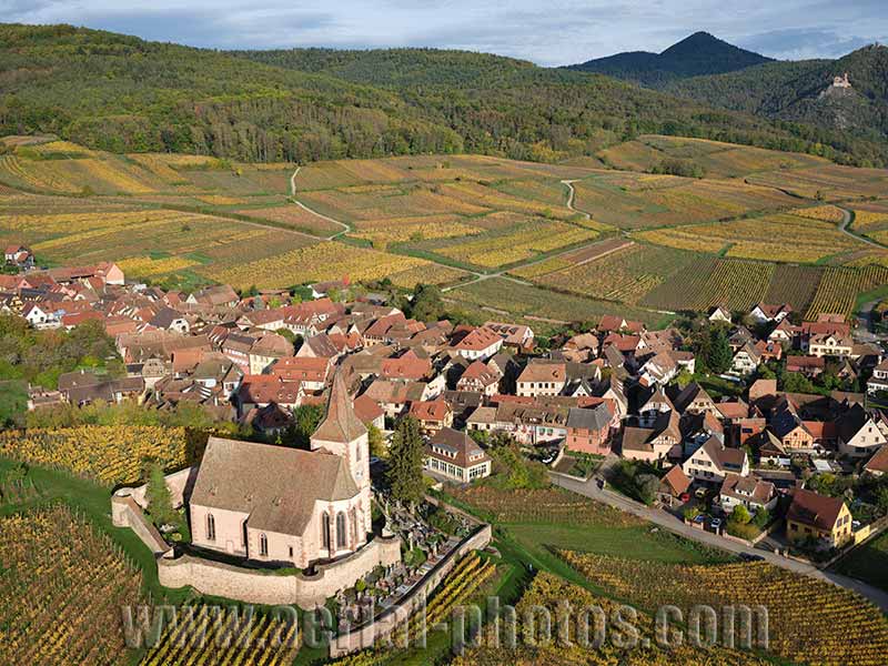 Aerial photo of Hunawihr Village in Haut-Rhin, Alsace, Grand Est, France. Vue aérienne.