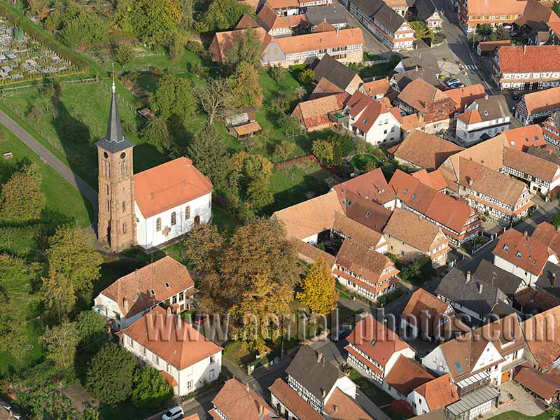 Aerial photo of Hunspach Village in Bas-Rhin, Alsace, Grand Est, France. Vue aérienne.